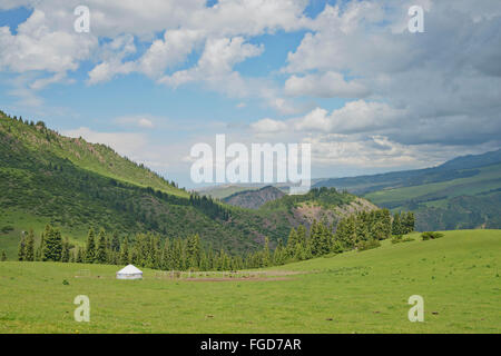 Yourte (tente nomade) une ambiance feutrée au pâturage d'été dans les montagnes du Tian Shan, au Kirghizistan. Banque D'Images