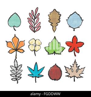 Ensemble de feuilles colorées, faites à la main icons isolé sur fond blanc. vecteur logo feuilles collection. fine ligne saisonnière, contour Illustration de Vecteur