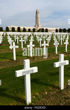 Verdun, France. Apr 25, 2014. Vue sur le Cimetière militaire français en face de l'ossuaire de Douaumont, près de Fort à Verdun, France, 25 avril 2014. L'ossuaire conserve les restes de squelettes non identifiés de 130 000 soldats français et allemands tombés lors de la bataille de Verdun. Photo : Uwe Zucchi/dpa/Alamy Live News Banque D'Images