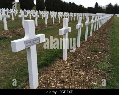 Verdun, France. Feb 20, 2014. Le ciel est gris au-dessus de la croix blanches du cimetière militaire de Douaumont, le mémorial central sur les champs de bataille de Verdun, France, 20 février 2014. Photo : Gerd Roth/dpa/Alamy Live News Banque D'Images