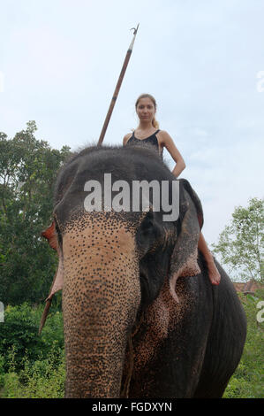 3 mars 2016 - Femme se déplace sur un éléphant indien, ou de l'éléphant d'Asie l'éléphant d'Asie (Elephas maximus), Hikkaduwa, au Sri Lanka, en Asie du Sud (crédit Image : © Andrey Nekrasov/ZUMA/ZUMAPRESS.com) fil Banque D'Images