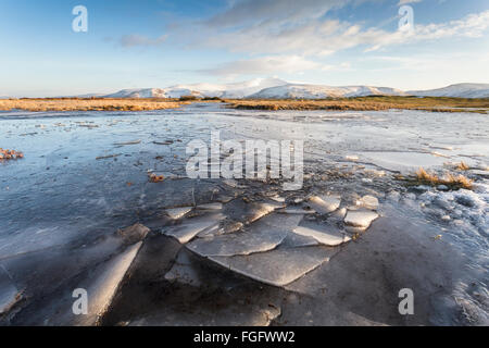 Un étang gelé sur Mynydd commun Illtud Brecon Beacons National Park en hiver. Banque D'Images