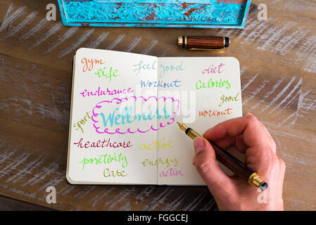 Effet rétro aux couleurs et image d'une femme d'écrire une note à la main avec un stylo sur un ordinateur portable. Concept d'image avec texte manuscrit WELLNESS Banque D'Images