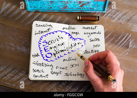 Effet rétro aux couleurs et image d'une femme d'écrire une note à la main avec un stylo sur un ordinateur portable. Concept d'image avec texte manuscrit SEO Search Engine Optimization Banque D'Images