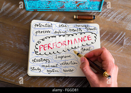 Effet rétro aux couleurs et image d'une femme d'écrire une note à la main avec un stylo sur un ordinateur portable. Concept d'image avec texte manuscrit PERFORMANCE Banque D'Images