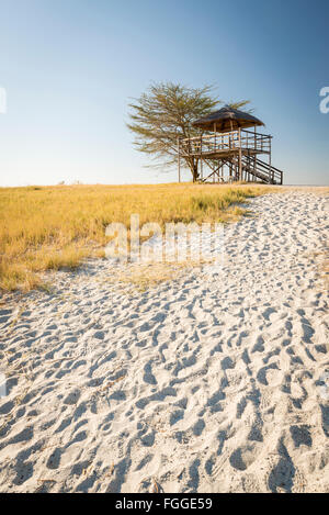 Cabane d'observation en bois au toit de chaume surplombant le Makgadikgadi Pan au Botswana, l'Afrique alors que sur Safari Banque D'Images