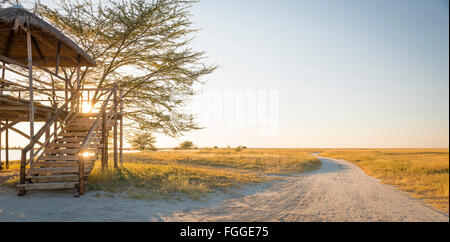 Cabane d'observation en bois au toit de chaume surplombant le Makgadikgadi Pan au Botswana, l'Afrique alors que sur Safari Banque D'Images