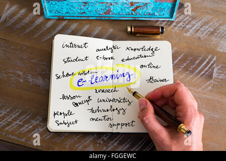 Effet rétro aux couleurs et image d'une femme d'écrire une note à la main avec un stylo sur un ordinateur portable. Concept d'image avec texte manuscrit E-LEARNING Banque D'Images