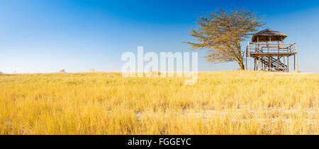 Cabane d'observation en bois avec toit de chaume donne sur le Makgadikgadi Pan au Botswana, l'Afrique alors que sur Safari Banque D'Images