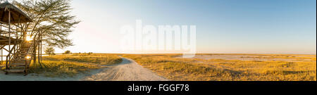 Cabane d'observation en bois au toit de chaume surplombant le Makgadikgadi Pan au Botswana, l'Afrique alors que sur safari en forme de panorama Banque D'Images