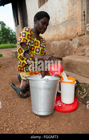 Dame ougandaise de lait frais de filtrage pour s'assurer qu'il est propre. Banque D'Images