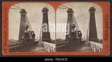 Vue depuis le sommet du pont suspendu à Niagara Falls, mettant en valeur la structure du pont et le paysage de chutes d'eau environnantes. Banque D'Images