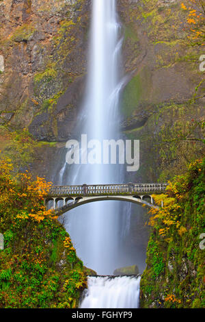 Multnomah Falls d'attraction touristique, un 611-foot-tall rugissant, impressionnante chute d'eau à la fin de l'automne avec Benson, pont Banque D'Images