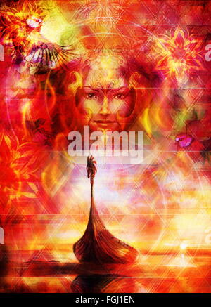 Déesse Femme avec oiseau, et d'ornement oriental mandala et fond de couleur. Collage peinture originale. Contact avec les yeux. Avec lig Banque D'Images