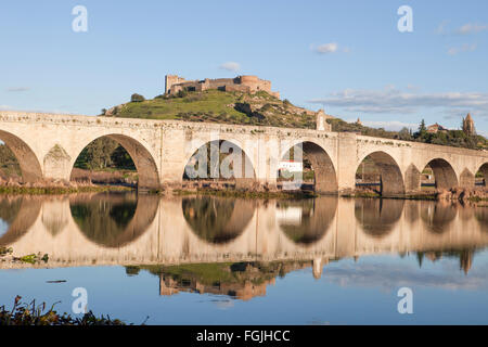 Medellin vieux pont et le château de la rivière Guadiana, Espagne Banque D'Images