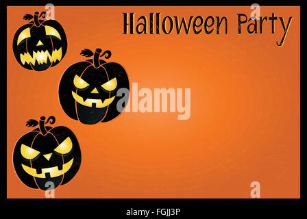 Halloween party carte postale avec trois citrouilles sur fond orange Illustration de Vecteur