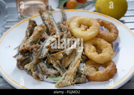 Les alevins de poissons mixtes avec des anneaux de calamars et les filets d'anchois Banque D'Images