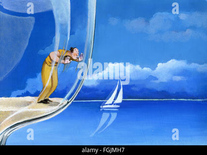 Un homme dans le désert d'essayer d'attraper un papillon pris dans une échelle qui détient lui-même Banque D'Images