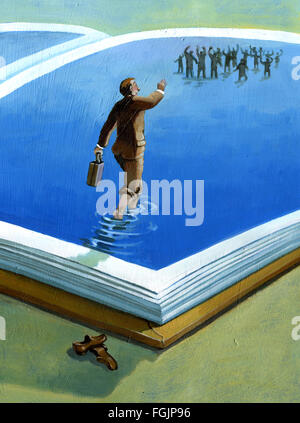 Un homme marche dans un livre pour apprendre à ses amis Banque D'Images