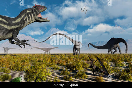 Un Allosaurus traquant un Diplodocus du troupeau . Banque D'Images