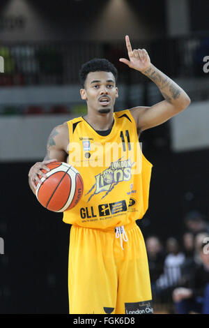 Londres, Royaume-Uni, 19 février 2016. Les Lions de Londres' Nick Lewis au cours de la London Lions contre Glasgow Rocks jeu BBL à l'Arène de cuivre dans le parc olympique. Credit : Rastislav Kolesar/Alamy Live News Banque D'Images