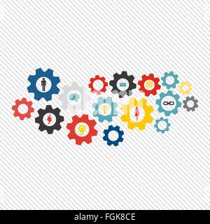 Mécanisme d'entreprise concept. Résumé fond avec engrenages connecté et les icônes de stratégie, service, analytics, recherche, seo, marketing numérique, communiquer des concepts. Vector illustration infographie Illustration de Vecteur