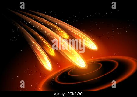 Les comètes de feu tombe sur une planète en ce qui concerne l'espace. Illustration de Vecteur