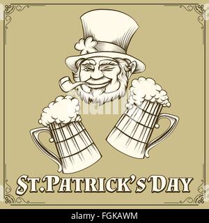 Leprechaun avec pipe et deux chopes de bière. Saint Patrick's Day emblème. Gratuitement police utilisée. Isolé sur blanc. Illustration de Vecteur