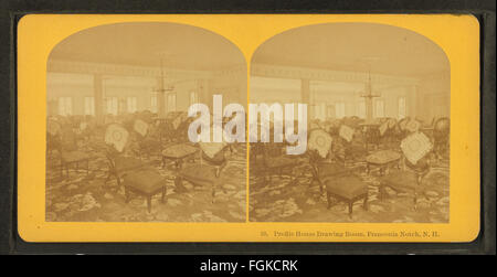 Cette photographie montre la salle de dessin de Profile House, située à Franconia Notch, avec son design intérieur détaillé. Banque D'Images