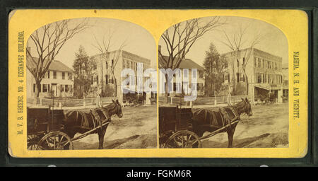 Cette photographie vintage de M.V.B. Greene montre des maisons et des charrettes tirées par des chevaux, typiques de la vie rurale au XIXe siècle. La scène capture une période antérieure à l'avènement du transport motorisé, illustrant comment les gens dépendaient des chevaux pour le transport. L'image offre un aperçu de la vie quotidienne et du mode de vie agricole de l'époque. Banque D'Images