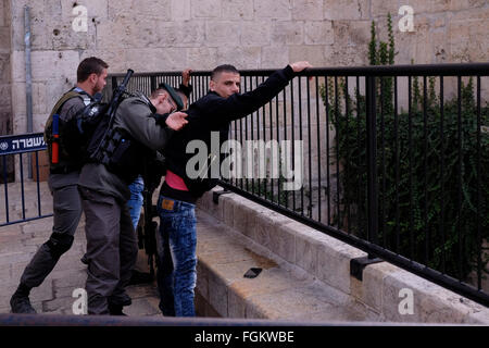 Jérusalem, Israël. 20 Février, 2016. Les forces de sécurité israéliennes contrôler les jeunes hommes palestiniens à l'entrée de la Porte de Damas à l'extérieur de la vieille ville de Jérusalem-Est Israël le 20 février 2016. La porte de Damas a été le lieu de nombreuses tentatives d'attaques de terreur et de couteau depuis octobre 2015. Credit : Eddie Gerald/Alamy Live News Banque D'Images