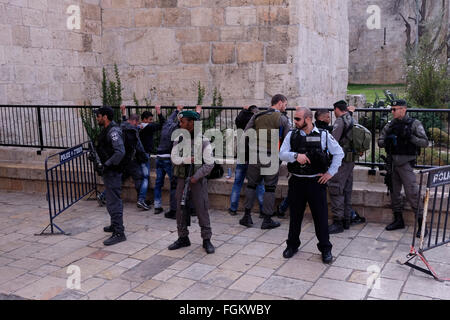 Jérusalem, Israël. 20 Février, 2016. Les forces de sécurité israéliennes contrôler les jeunes hommes palestiniens à l'entrée de la Porte de Damas à l'extérieur de la vieille ville de Jérusalem-Est Israël le 20 février 2016. La porte de Damas a été le lieu de nombreuses tentatives d'attaques de terreur et de couteau depuis octobre 2015. Credit : Eddie Gerald/Alamy Live News Banque D'Images