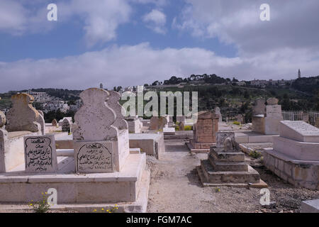 Vue sur le Mont des oliviers depuis le cimetière al-Yusufiye un grand cimetière musulman adjacent aux murs de l'est de la vieille ville près de la porte du lion ou de St Stephen's Gate dans Jérusalem-est d'Israël Banque D'Images