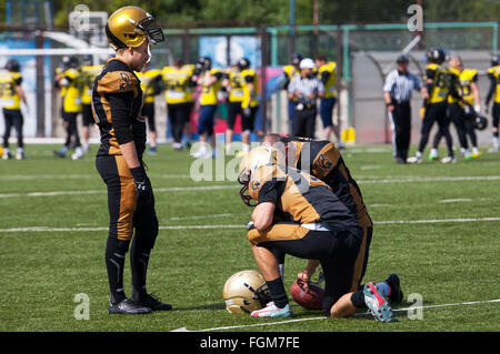 La Russie, VILLE TROÏTSK - 11 juillet : Ivan (Goloveshkin 21, arrière) en action sur Fédération de championnat de football américain jeu Spartans Raiders vs 52 le 11 juillet 2015, dans la région de Moscou, ville Troïtsk, Russie Banque D'Images