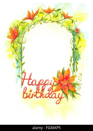 Floral frame, joyeux anniversaire, art peinture aquarelle Banque D'Images
