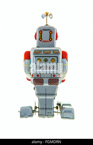 Clockwork Tin Retro Robot sur un fond blanc Banque D'Images