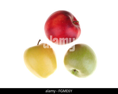 Rouge, vert et jaune pommes sur fond blanc Banque D'Images