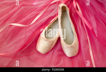 Une paire de chaussures de pointe avec des rubans et d'un tutu rose. Banque D'Images