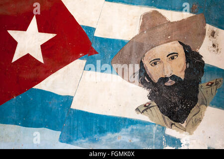 Fresque de Camilo Cienfuergos sur mur à La Havane, Cuba, Antilles, Caraïbes, Amérique Centrale Banque D'Images