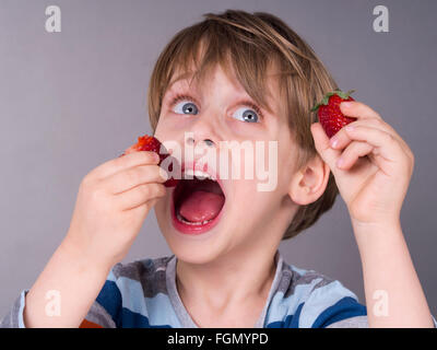 Boy eating strawberries Banque D'Images