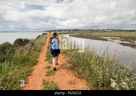 Personne qui marche le sentier autour de la réserve naturelle de la lagune, Alvor Algarve, Portugal Banque D'Images