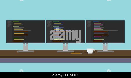 Bureau du programmateur avec triple moniteur vecteur code de programmation Illustration de Vecteur
