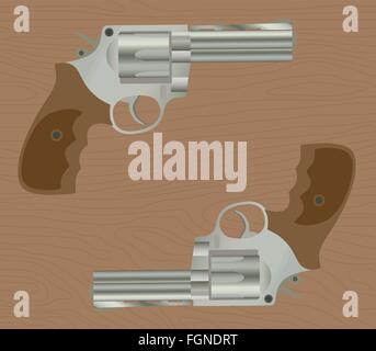 Des armes de poing pistolet revolver avec fond en bois isolé Illustration de Vecteur