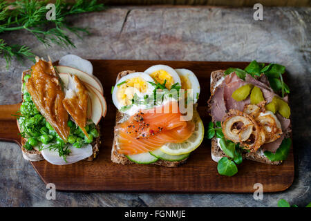 Les sandwiches ouverts scandinave avec le maquereau, le saumon fumé et d'oeufs et le rôti de bœuf et d'oignon croustillant Banque D'Images