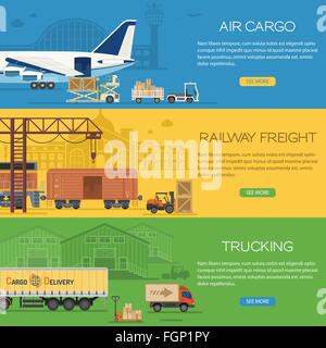 L'industrie du camionnage des bannières avec le fret ferroviaire et le fret aérien en télévision icônes de style tels que camion, avion, train. Vecteur de Brochur Illustration de Vecteur