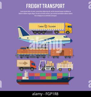 Le transport de fret et l'emballage en icônes style télévision tels que camion, avion, train, bateau. Vecteur de brochure, site Web et l'impression Illustration de Vecteur