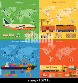 L'industrie du camionnage des bannières avec le fret ferroviaire, le fret aérien, le transport maritime et de camionnage dans les icônes de style plat. Vecteur de Brochu Illustration de Vecteur