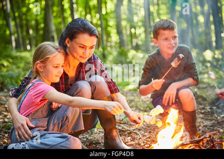 La torréfaction à la famille guimauves de camp en forêt Banque D'Images