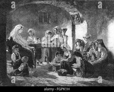 Pédagogie, école / leçons / discipline, école de filles dans les montagnes des Abruzzes, après peinture par Barff Tucker, gravure en bois de: 'The Illustrated London News', Londres, 5.1.1861, Additional-Rights-Clearences-Not Available Banque D'Images