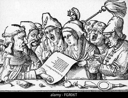 La religion, l'ecclésiastique, caricature, voyageant avec leurs clercs-sœurs, l'amour, 'la chanson des Gluttons', gravure sur cuivre, 1500, copyright de l'artiste n'a pas à être effacée Banque D'Images